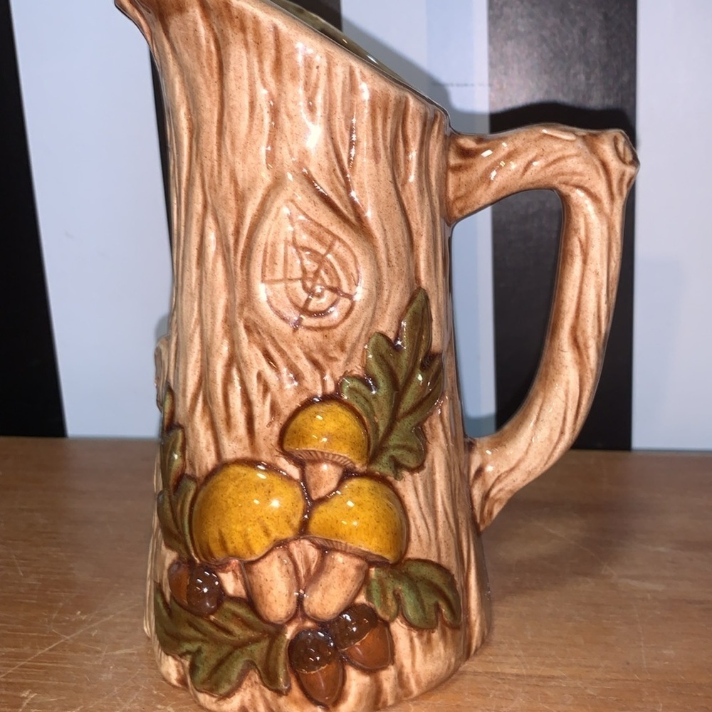 Vintage Mushrooms Handmade Ceramic Wood Grain Pitcher or Vase Shelf / Home Decor